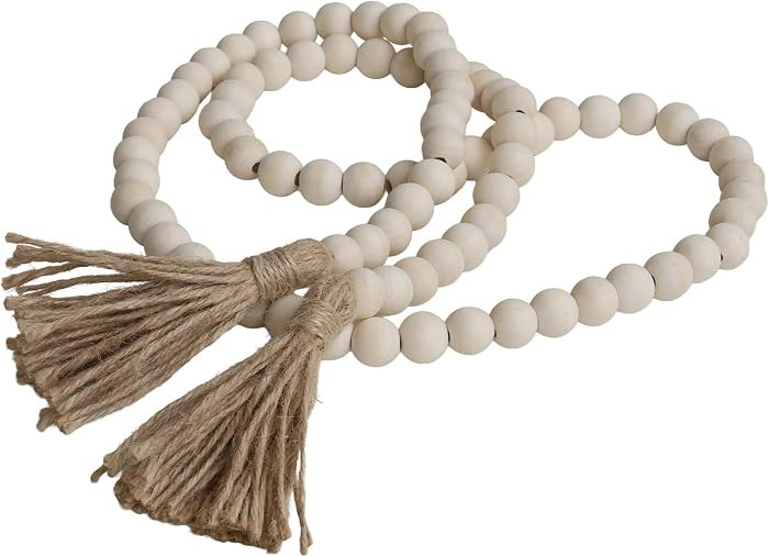 Farmhouse Beads 58in Wood Bead Garland with Tassels, Rustic Country Boho Wall Hanging Decor, Pray... | Amazon (US)