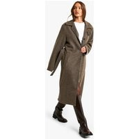 Womens Belted Wool Look Coat - Brown - 14, Brown | Boohoo.com (UK & IE)