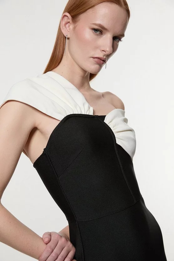 Tall Figure Form Bandage Asymmetric Strap Knit Midi Dress | Karen Millen | Karen Millen UK + IE + DE + NL