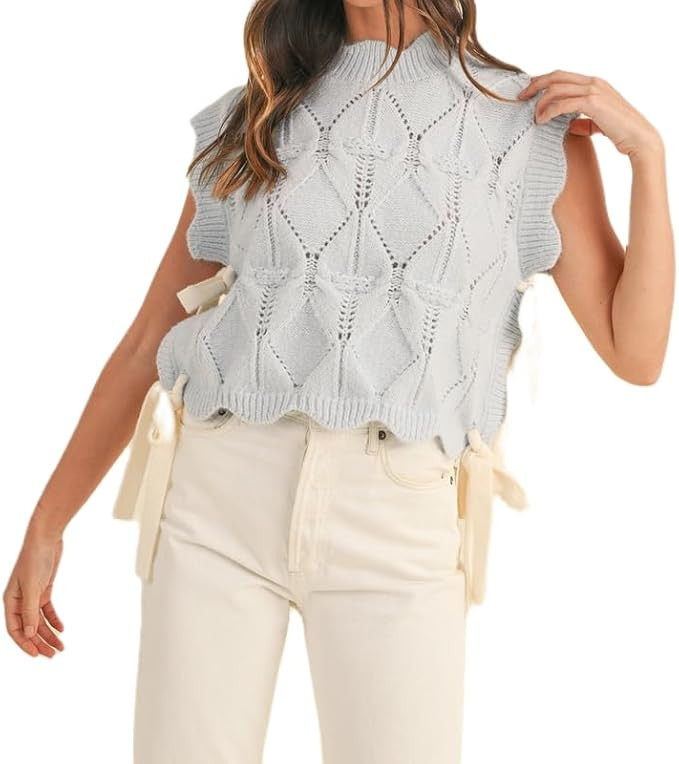 NUFIWI Womens Y2K Ribbon Bow Sweater Vest Chunky Cap Sleeve Knit Vest with Bows Casual Lace Up Ba... | Amazon (US)