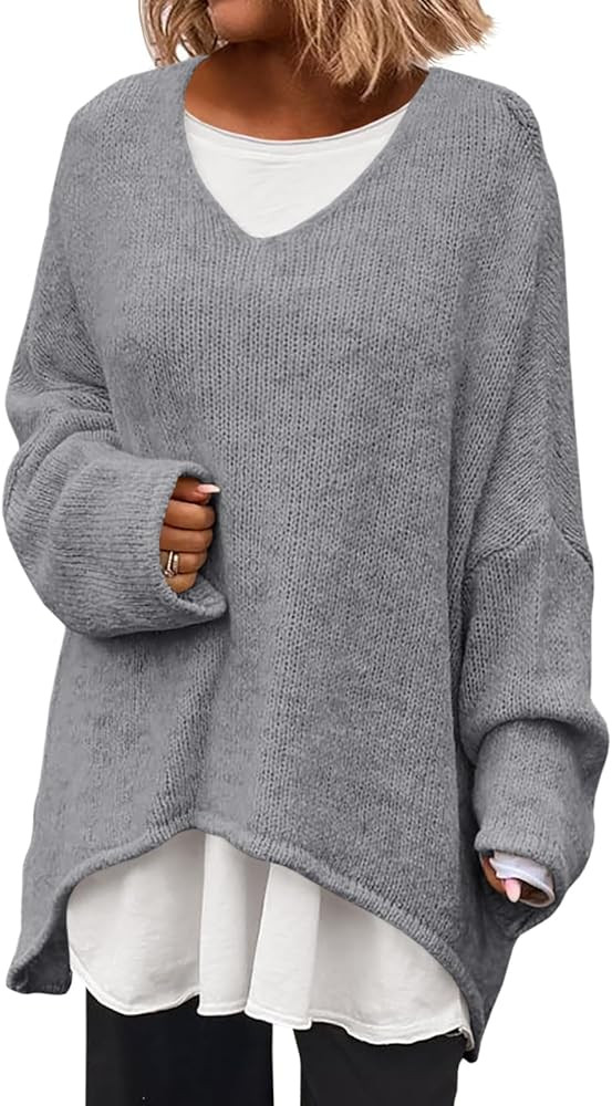 Saodimallsu Womens Oversized V Neck Sweaters Batwing Long Sleeve Knit Fall Slouchy Pullover Sweat... | Amazon (US)