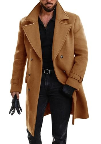 Runcati Mens Double Breasted Trench Coat Mid Long Jacket Notched Lapel Winter Chunky Warm Overcoat | Amazon (US)