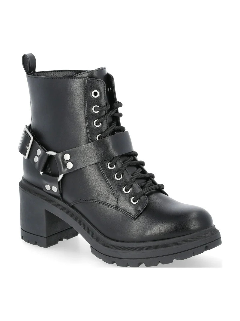 No Boundaries Women's Lace Up Ankle Moto Boots, Wide Width Available | Walmart (US)