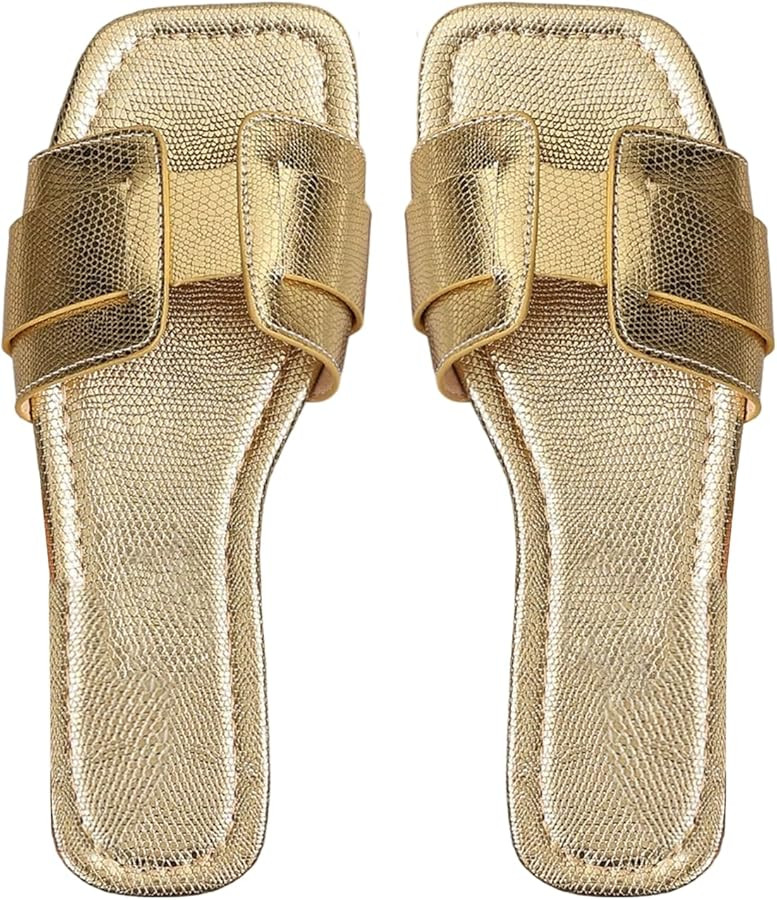 GORGLITTER Women's Summer Beach Vacation Gold Flat Sandals Dressy Square Toe H Band Metallic Spar... | Amazon (US)