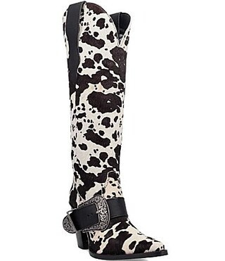 Dingo Spur Crazy Cow Print Calf Hair Buckle Hardware Over The Knee Western Boots - 9.5 | Dillard's