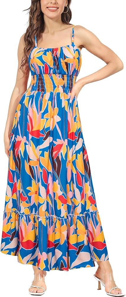 GRACE KARIN Womens 2024 Summer Maxi Dress Casual Sleeveless Spaghetti Strap Smocked Ruffle Beach ... | Amazon (US)