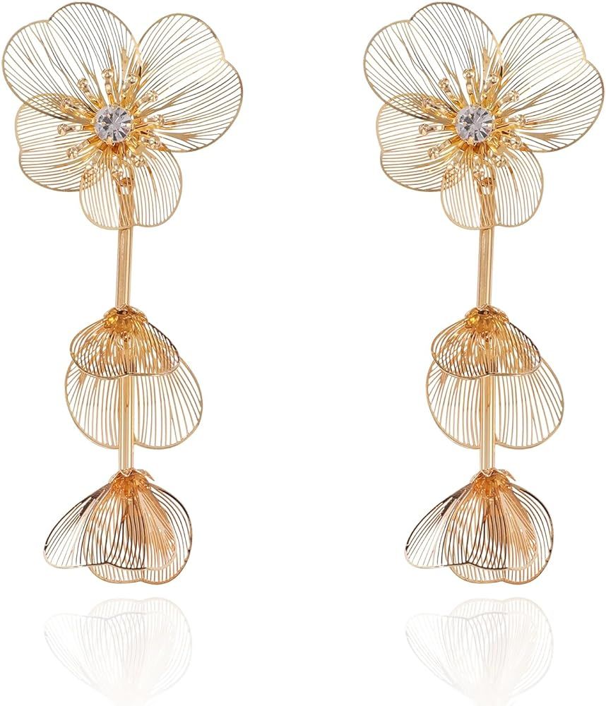 UTTMO Boho Flower Dangle Earrings For Women, Bohemian CZ Gold Layered Petal Exaggerated Jewelry E... | Amazon (US)