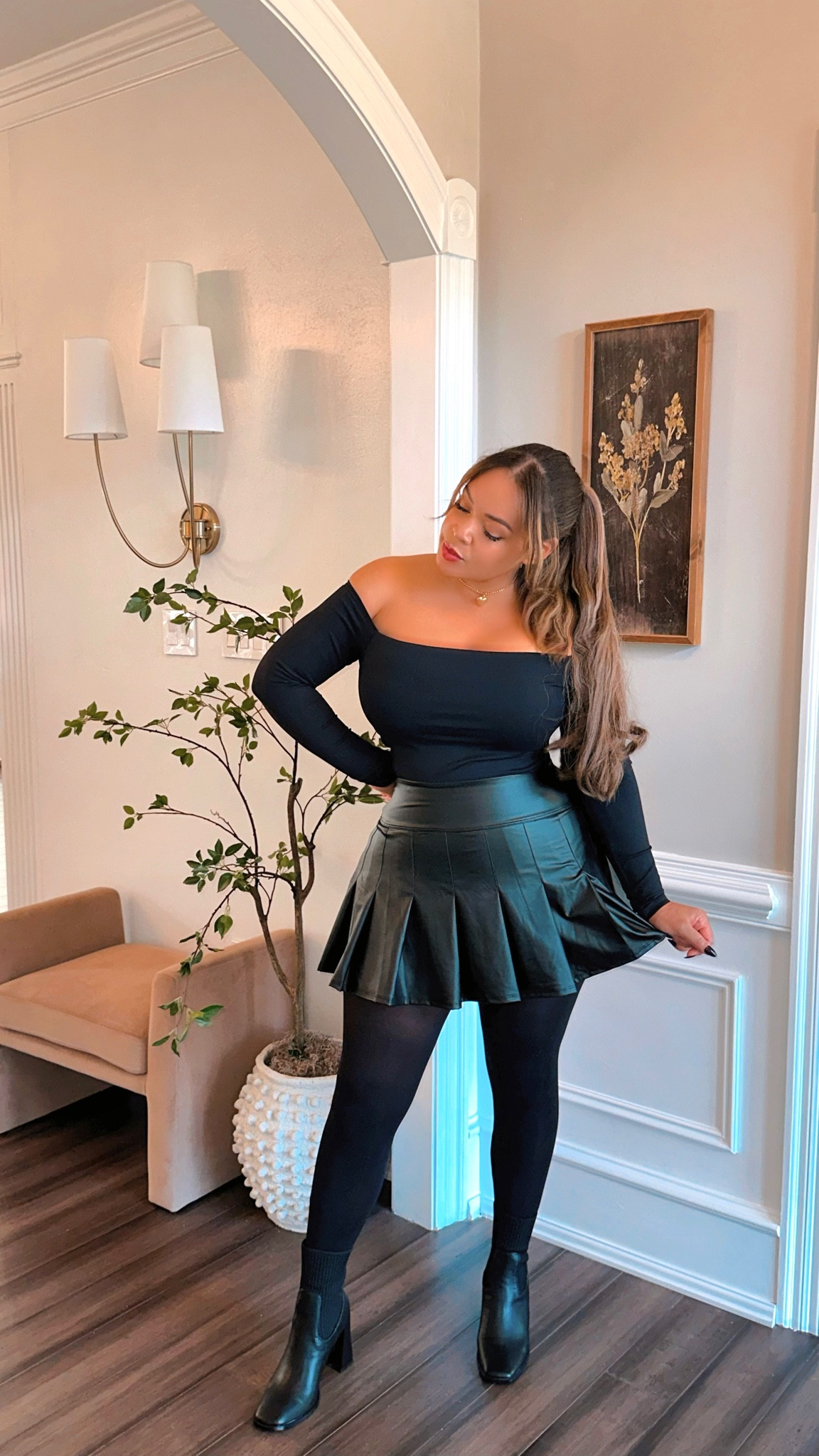 The perfect all black fall look 

Capsule wardrobe// black ankle boots // faux leather pleated mini skirt // off shoulder bodysuit // black opaque tights // leggings // skort// midsize// midsize fashion 

#LTKmidsize #LTKshoecrush #LTKstyletip