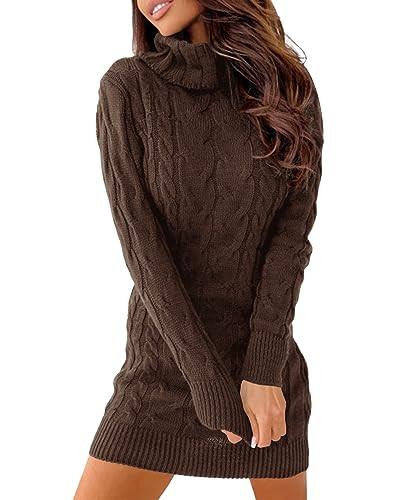 Langwyqu Womens Cable Knit Sweater Dress Sexy Long Sleeve Bodycon Turtleneck Mini Fall Sweaters Dresses Coffee | Amazon (US)