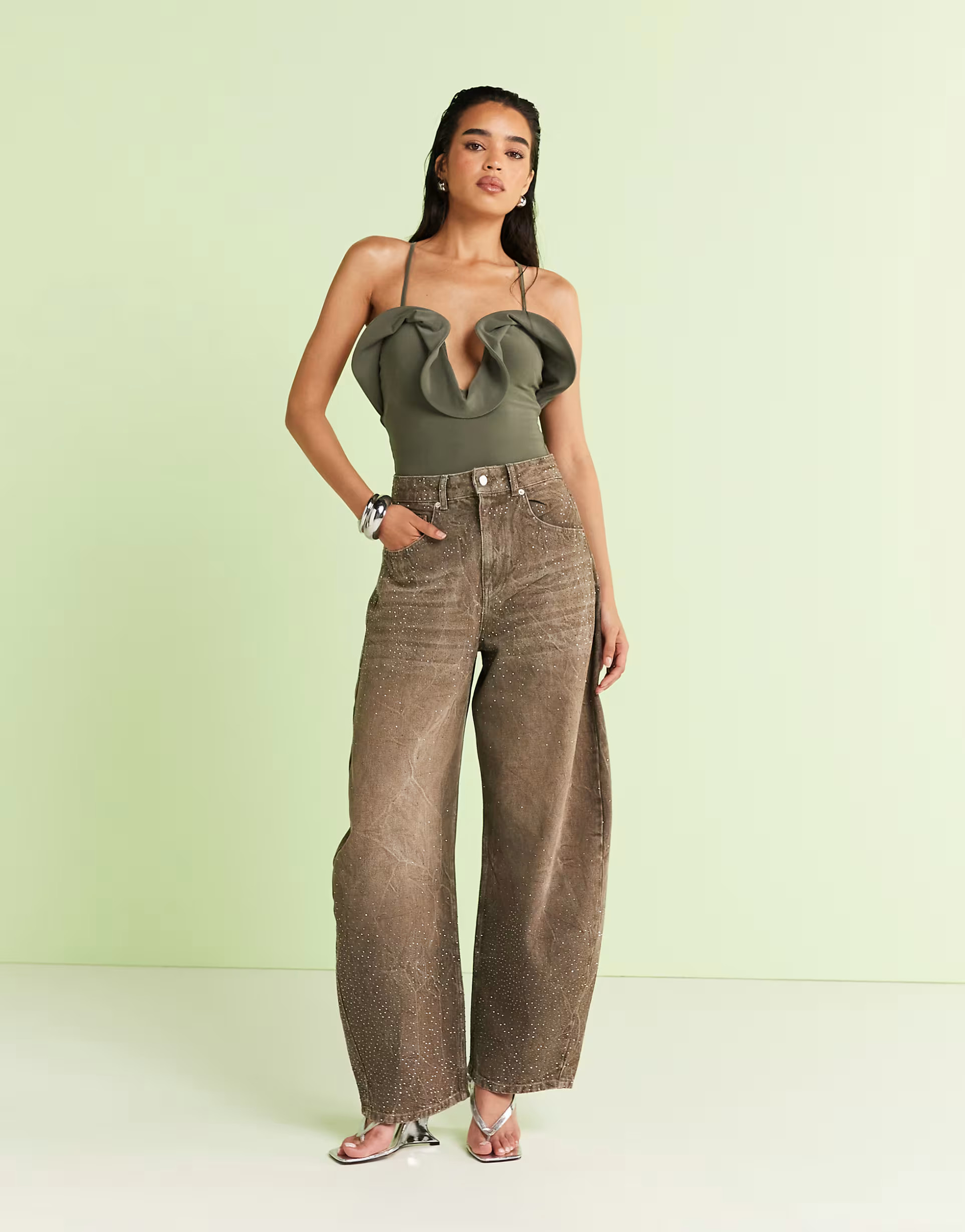 ASOS DESIGN high waisted barrel jean in khaki with diamante embellishment | ASOS (Global)