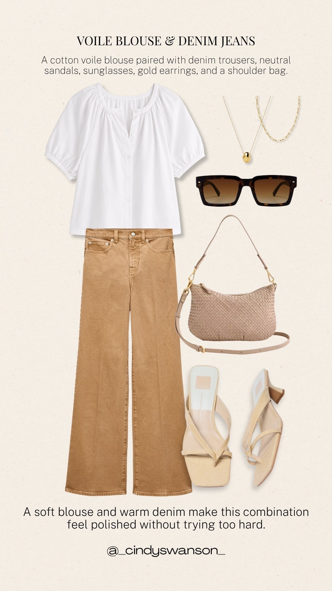 A cotton voile blouse and warm tan denim make such an easy, polished combination. I love how the relaxed wide-leg jeans balance the soft blouse, while neutral sandals, a woven shoulder bag, and simple gold jewelry keep the look timeless and versatile.

💡 LTK MADE EASY
❤️ Heart = Support my posts!
🔖 Save = Get sale & restock alerts
📋 Lists = Keep favorites organized
📲 Share = Send lists and products to a friend. Hello, Christmas List!
💬 Comment = Ask me anything about what I’m wearing.:-)

#LTKootd #LTKOver40 #LTKTravel