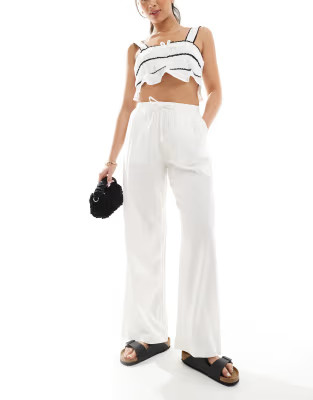 Bershka tie waist wide leg linen trousers in white | ASOS (Global)