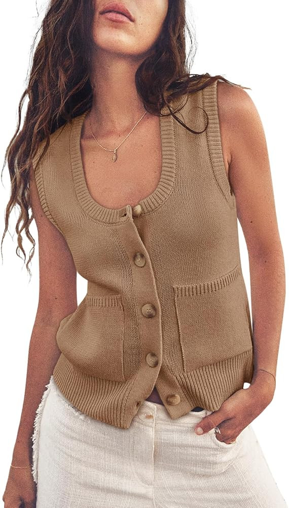 Yousify Womens Sweater Vest Summer Ribbed Tank Tops Sleeveless Button Down Shirts Scoop Neck Top ... | Amazon (US)