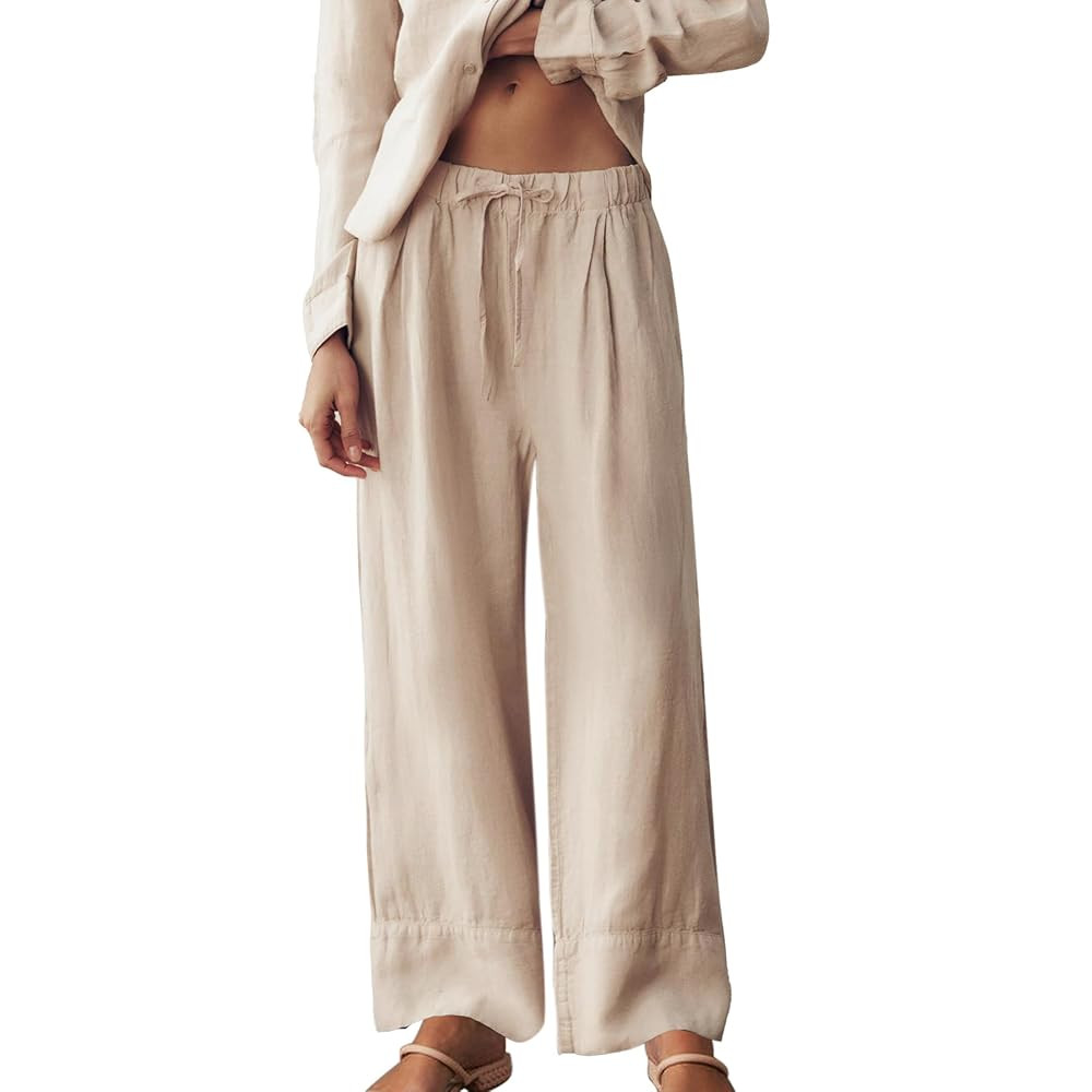 Ainangua Women Linen Palazzo Pants Casual Elasticated Drawstring Waist Wide Leg Trousers Trendy B... | Amazon (US)