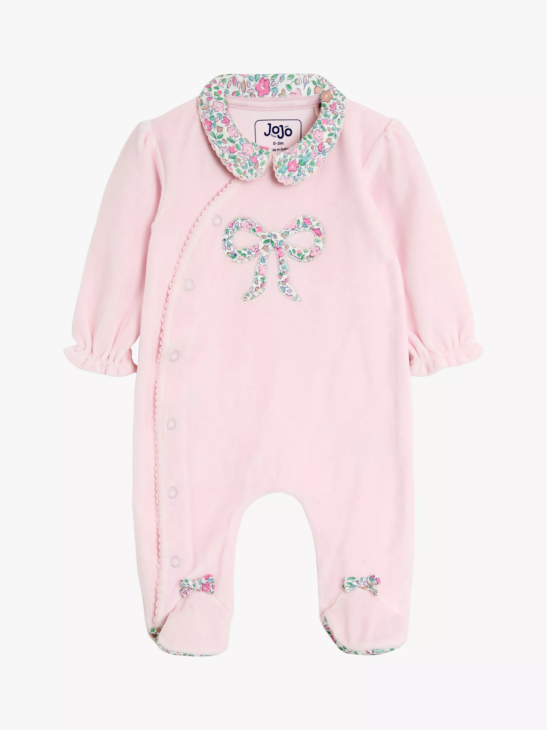 JoJo Maman Bébé Baby Velour Appliqué Collared All-in One Sleepsuit, Pink | John Lewis (UK)