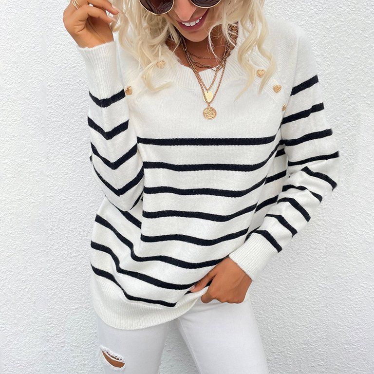Casual Striped Shoulder Button Knit Sweater | Walmart (US)