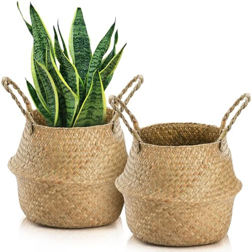 Yesland 2 Pack Woven Seagrass Plant Basket with Handles, Ideal Wicker Baskets Storage Plant Pot Baskets for Laundry, Picnic, Plant Pot Cover, Beach Bag and Grocery Basket (L) | Amazon (US)