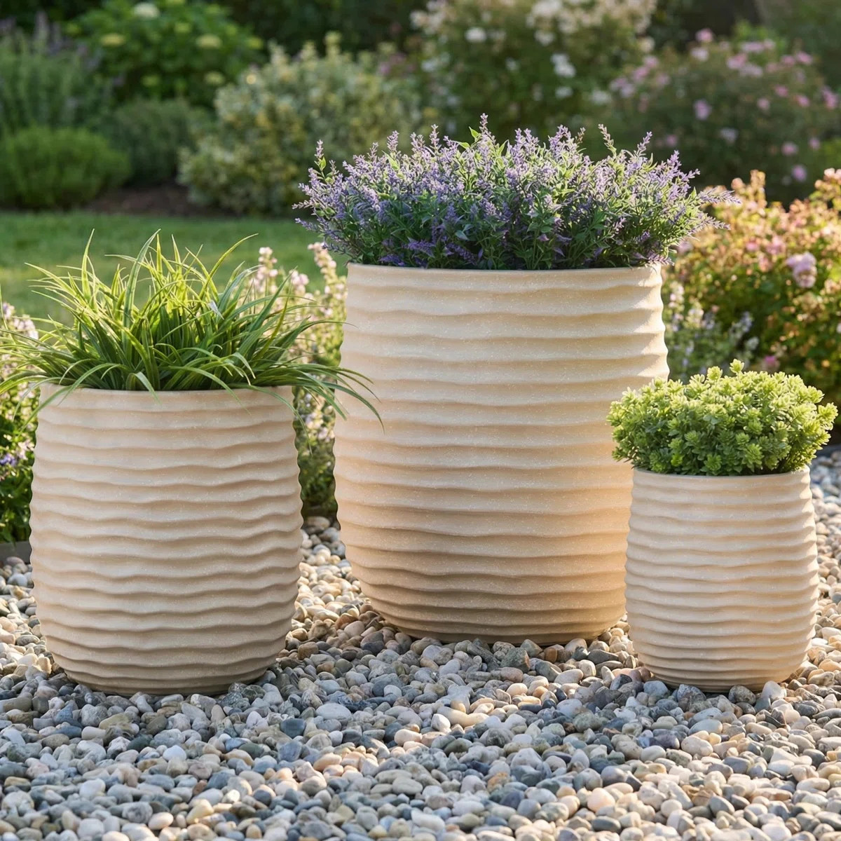 3-Piece Wavy Texture Concrete Planter Set with Drainage Hole - 15”, 11”, 7.8” Dia Round Ind... | Wayfair North America