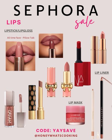 Use Code: YAYSAVE for up to 20% off! My new favorite lipstick is the Pat McGrath - Venusian peach and it’s packaged beautifully. Holy Grail is the Charlotte Tilbury pillow talk. I love that one.

Charlotte Tilbury – shades, pillow, talk, pillow, talk, medium, bitch, perfect. My favorite is pillow talk. 

Nars – shade, dragon girl. 

Fenty lip gloss - shimmering nude rose. 

Gucci – Lynette Rose  

Pat McGrath - Venusian peach (new fave)

Lip mask by Laneige. 

Lip liners – Anastasia Beverly Hills in deep nude and rare beauty in talented  

#LTKxSephora