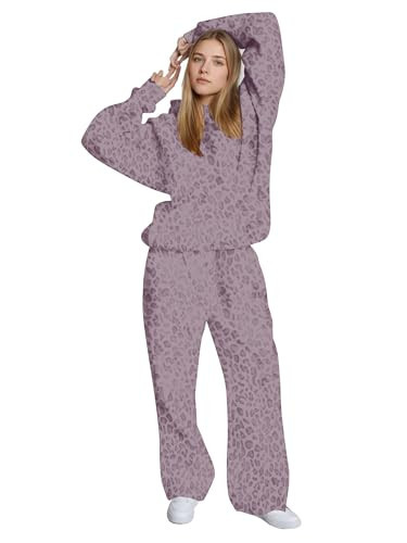 Ythomm Womens Leopard 2 Piece Sets Oversized Hoodies Straight Leg Sweatpants Sweatsuits Hooded Sweatshirt Lounge Fall Outfits (Purple, Large) | Amazon (US)