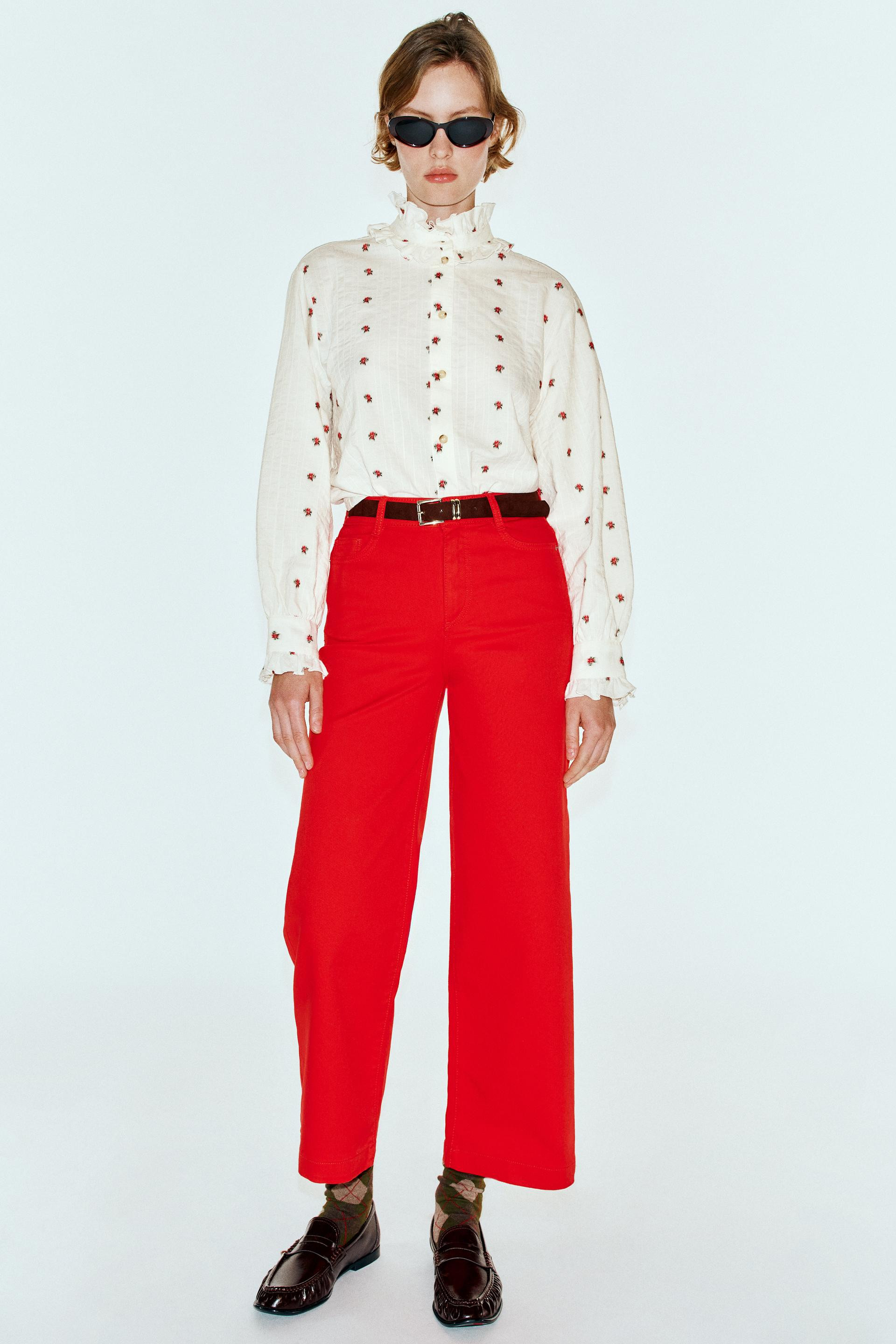 Zara - Floral Jacquard Ruffled Blouse - Ecru / Red - Xl - Woman | Zara US