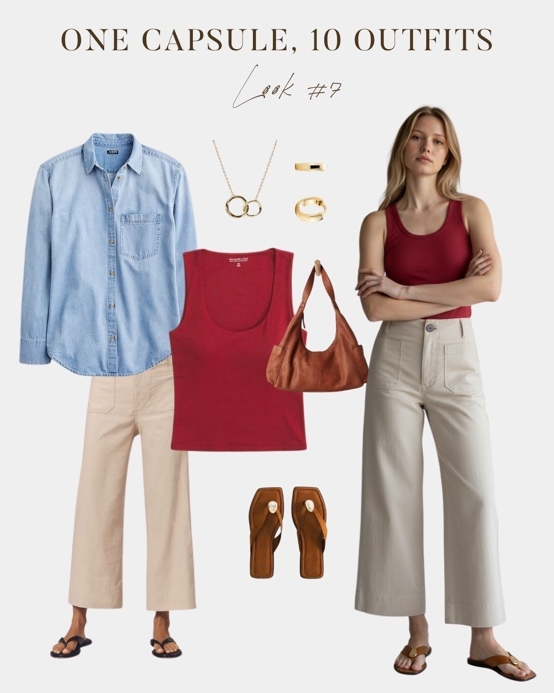 Elevated summer capsule wardrobe outfit featuring wide leg tan trousers, a red tank top, and a denim shirt worn open as a casual layer. A versatile, comfortable look that transitions easily from a casual daytime outfit to an elevated evening look. Perfect for summer dinners, casual Fridays, weekend outings, and warm weather dressing. Part of a ten outfit spring and summer capsule wardrobe series. 


#LTKmomlife #LTKSeasonal #LTKOver40