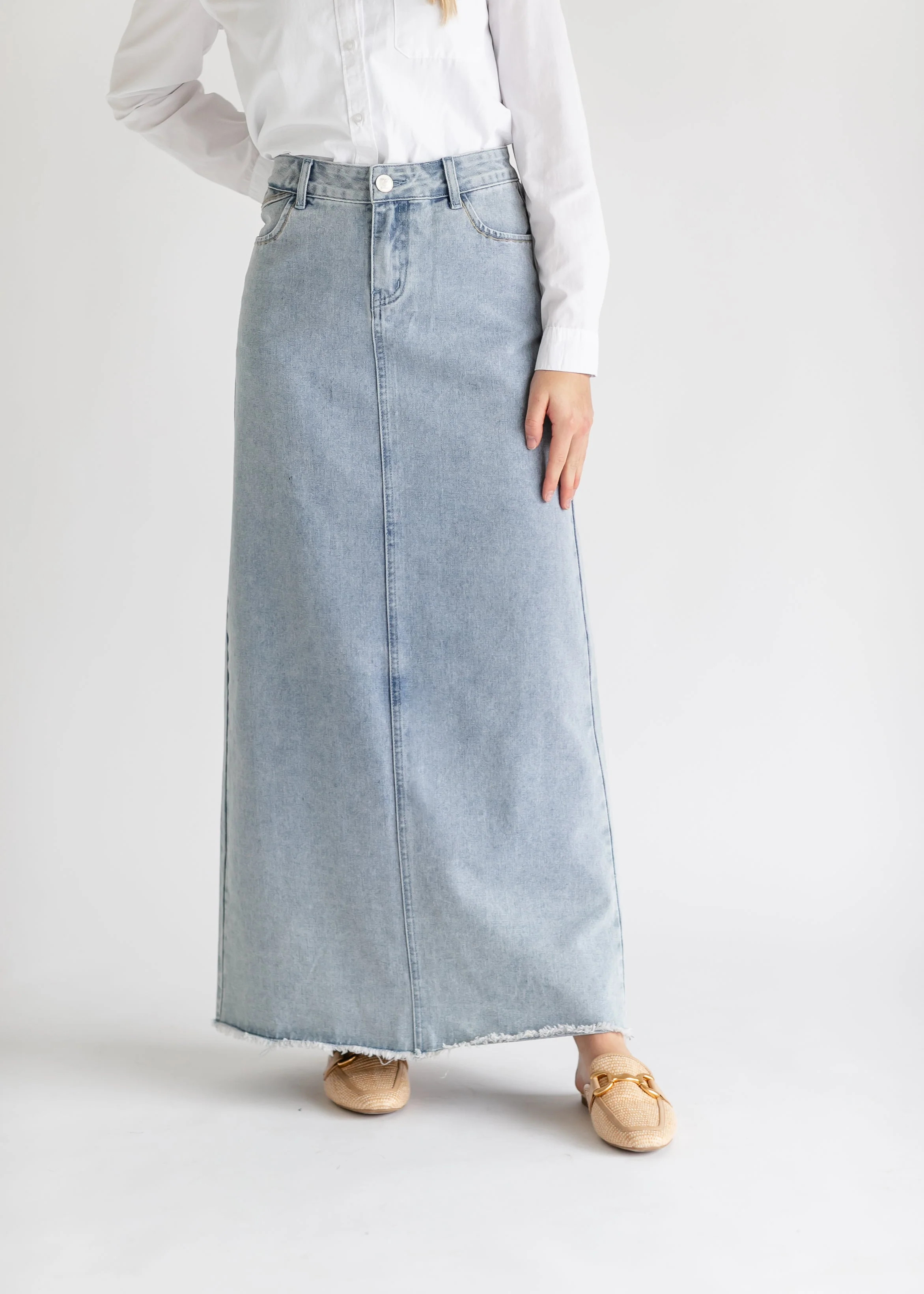 Elisha Light Wash Long Denim Skirt | Inherit Clothing Co.