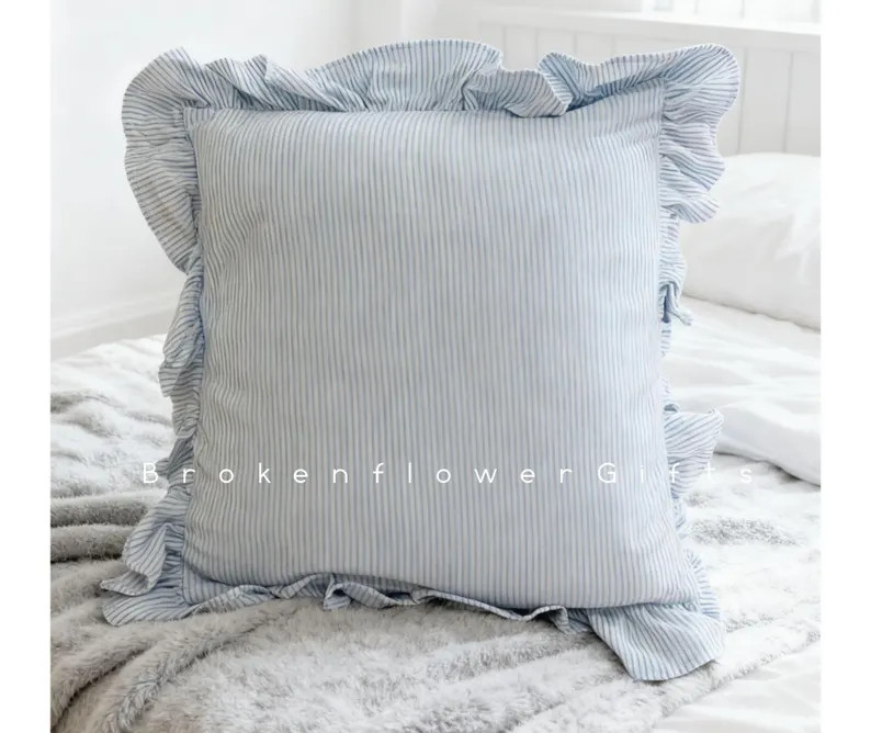 Blue Striped Knit Cotton Pillow Cover, Ruffle Edge | Etsy (Global)