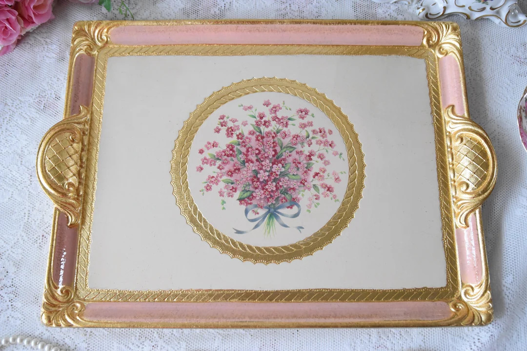Medium Tray for Dining Table, Vintage Tray Rectangle, Italian Vintage Tray Wood, Antique Floral T... | Etsy (US)