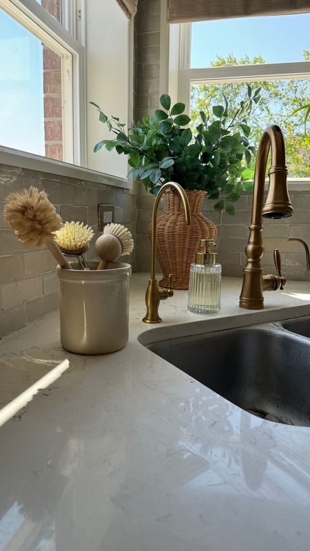 Rubbed glass soap dispenser, faucet, dish brushes, Castile soap 

#LTKHome