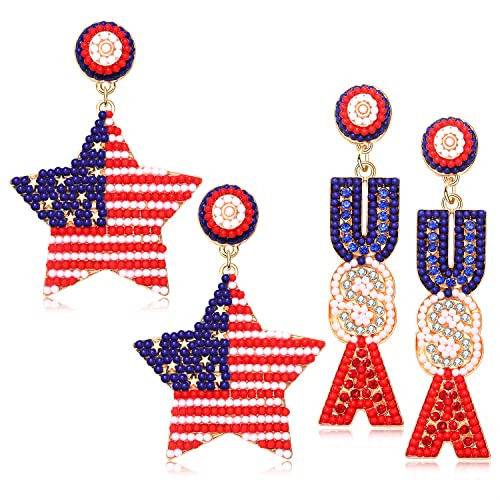NLCAC USA Earrings Beaded American Flag Stars Ice Cream Drop Dangle Earrings 4th of July Patrioti... | Amazon (US)
