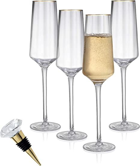 Hand Blown 8.5 Oz. Champagne Glasses - 24K Gold Rim- Set of 4 Classic Crystal Sparkling Wine Glas... | Amazon (US)