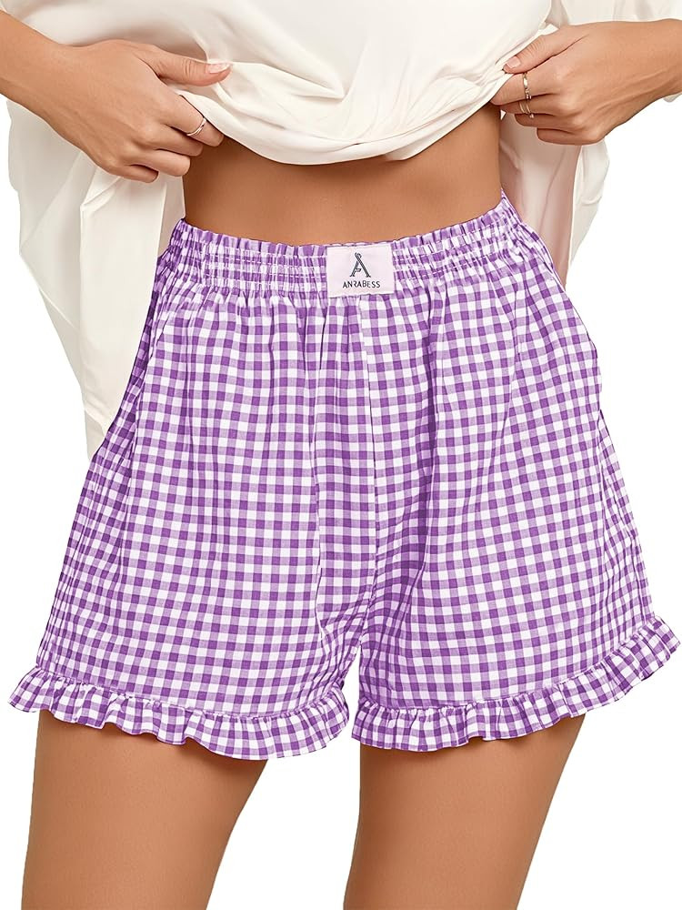 ANRABESS Boxer Shorts for Women,Gingham Plaid Elastic Waist Ruffle,Perfect for Lounge,Pajama&Slee... | Amazon (US)