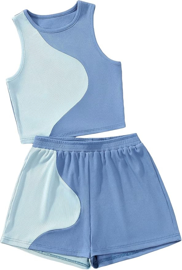 MakeMeChic Women's Casual 2 Piece Outfits Color Block Ribbed Crop Tank Top and Shorts Set | Amazon (US)
