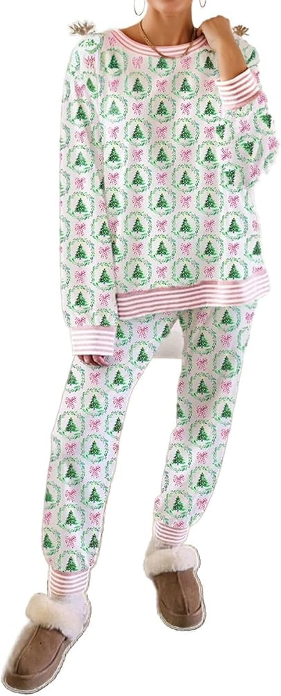 Apvirdy Women's Christmas Pajamas Casual Cute Bow Christmas Tree Print Contrast Striped Banding 2... | Amazon (US)