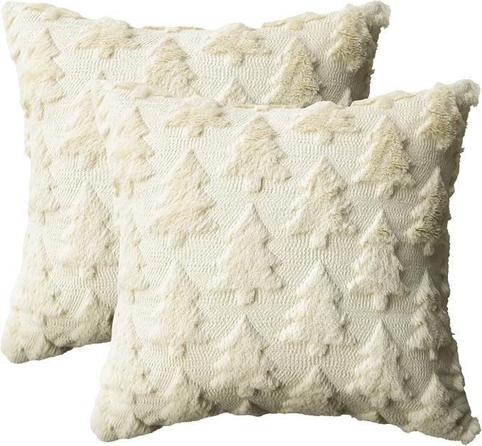 AVOIN colorlife Christmas Tree Beige Throw Pillow Covers Set of 2, 18 x 18 Inch Soft Plush Faux F... | Amazon (US)