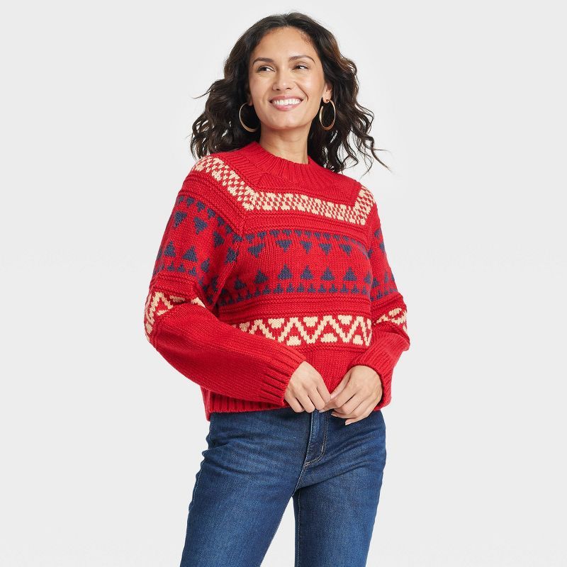 Women&#39;s Mock Turtleneck Pullover Sweater - Universal Thread&#8482; Red Fair Isle L | Target