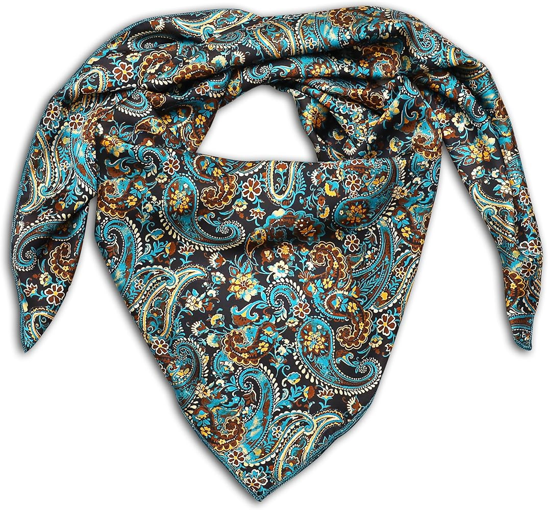 BE BREAK EDGE Western Cowboy Wild Rag Silk Scarf Bandana Teal Black Paisley Square Silky 38'' Sca... | Amazon (US)
