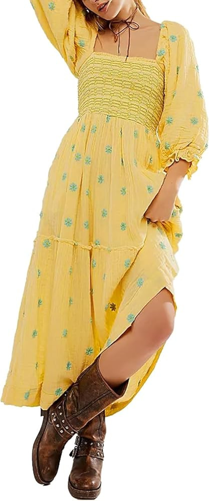 Willow Dance Women Casual Bohemian Floral Dress Square Neck Ruffle Swing A Line Long Sleeve Beach... | Amazon (US)