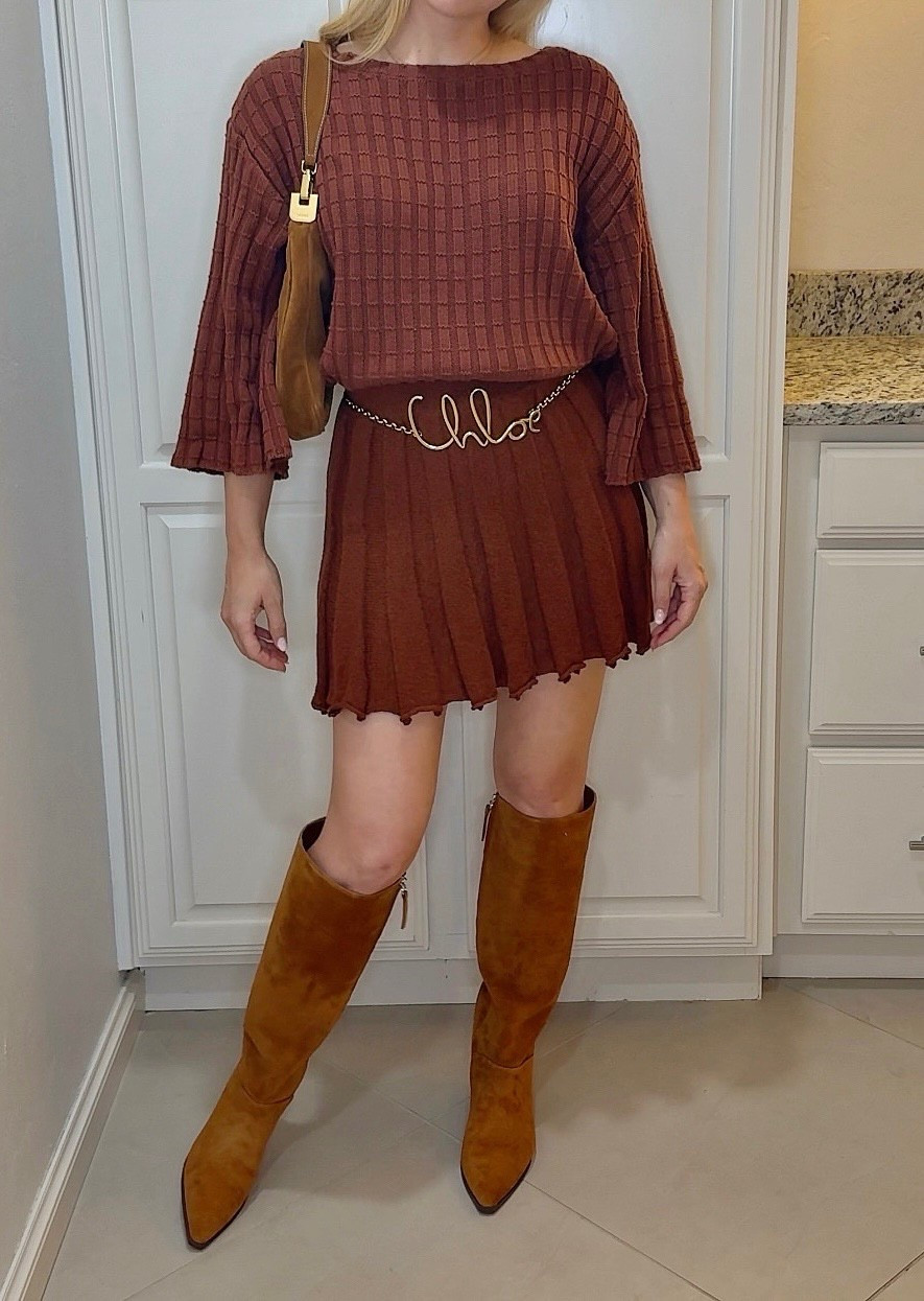 Matching set 
Sweater + skirt
Chloe bag
Sandal
Suede boots


#LTKStyleTip #LTKShoeCrush #LTKItBag