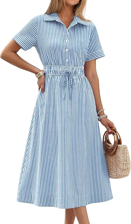 ANRABESS Womens Summer Midi Dress Short Sleeve Striped Plaid Button Collar Shirt Dresses 2026 Cas... | Amazon (US)