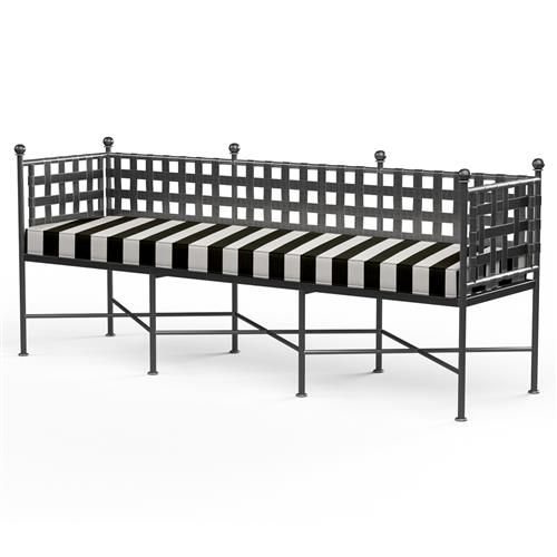 Sunset West Provence White Black Stripe Cabana Cushion Metal Outdoor Garden Bench | Kathy Kuo Home