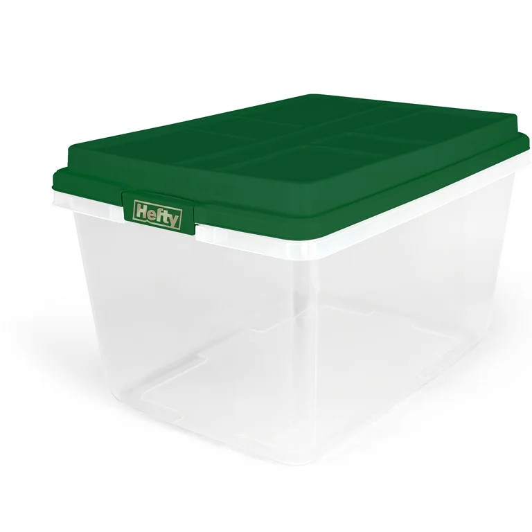 Hefty 72 Quart Clear Plastic Latched Christmas Tote Storage Container, Green Lid | Walmart (US)