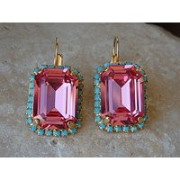 Pink Crystal Turquoise Earrings, Gold Plated Dangle Earrings | Etsy (US)