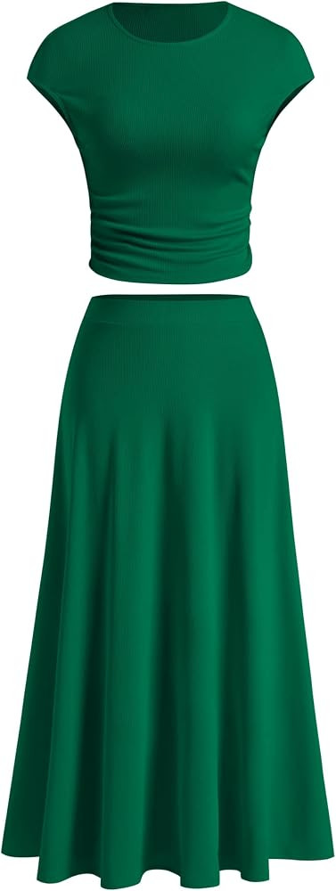 BTFBM Women Two Piece Skirt Set Casual Ribbed Knit Crew Neck Short Sleeve Cropped Top Elastic Wai... | Amazon (US)