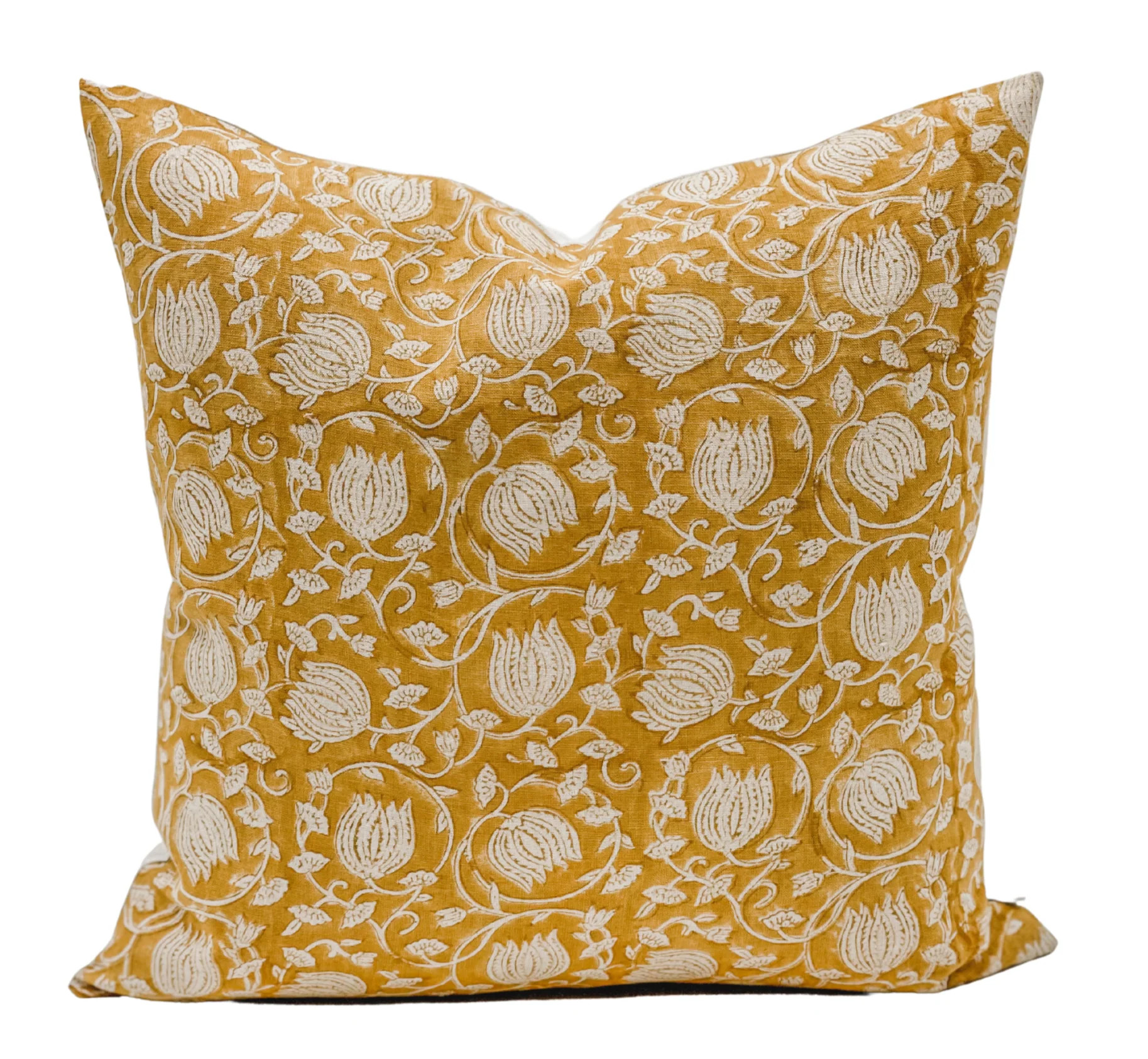 FLORAL MUSTARD SAFFRON ON NATURAL LINEN PILLOW COVER | Krinto