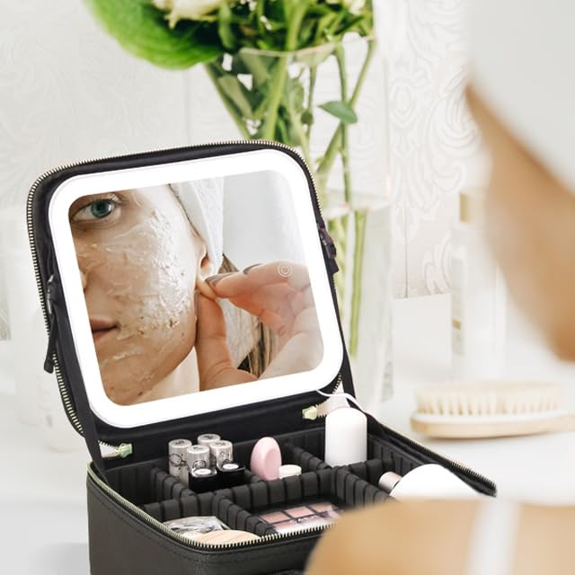 RRtide Travel Makeup Bag with Mirror of LED Lighted, Makeup Train Case with Adjustable Dividers, Mak | Amazon (US)