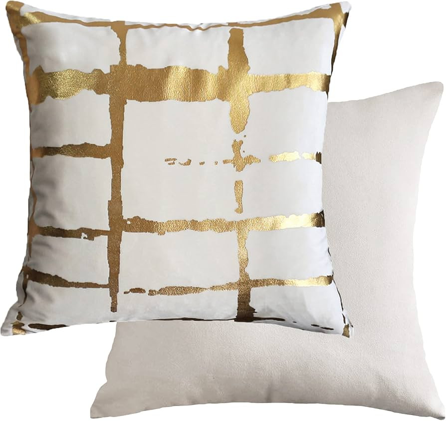 INSPI DECOR Cream White and Gold Pillow Covers Super Soft Velvet Geometric Throw Pillow Covers 18... | Amazon (US)