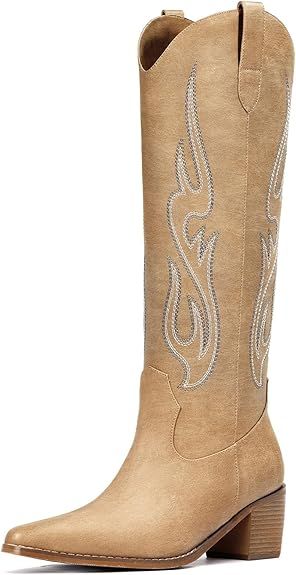 Pasuot Western Cowboy Boots for Women - Knee High Wide Calf Cowgirl Boots with Classic Embroidere... | Amazon (US)