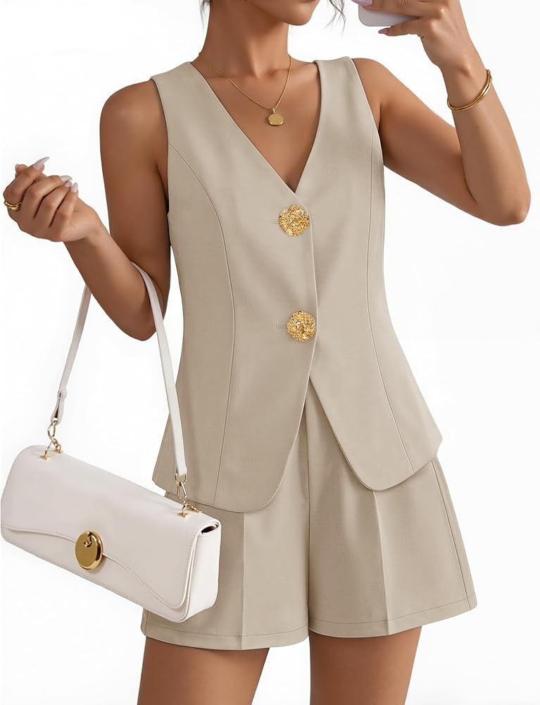 ZESICA Women’s Summer Casual 2 Piece Short Sets 2026 Button Suit Vest Tops Shorts Dressy Busine... | Amazon (US)